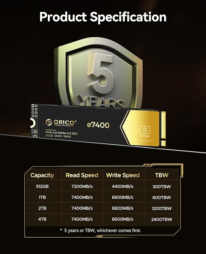 ORICO 2TB NVMe SSD PCIe 4.0- Up to 7400MB/s, M.2 SSD 2280 PCIe 4.0X4 Internal Solid State Drive SSD, Fast Heat Dissipation, Compatible with macOS Windows for Gamers and Creators-e7400