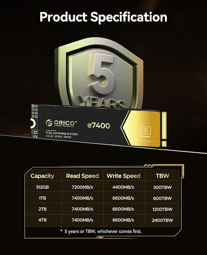 ORICO 2TB NVMe SSD PCIe 4.0- Up to 7400MB/s, M.2 SSD 2280 PCIe 4.0X4 Internal Solid State Drive SSD, Fast Heat Dissipation, Compatible with macOS Windows for Gamers and Creators-e7400