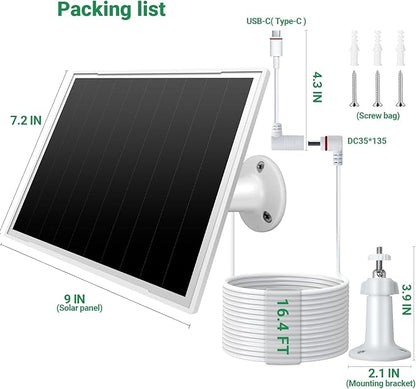 2-Pack Solar Panel Charger for Ring Camera, 8W High-Efficiency - Compatible with Ring Spotlight & Stick Up Cam Pro/Plus, 16ft Long Cable, 3.5mm to USB-C Adapter, IP65 Waterproof, White