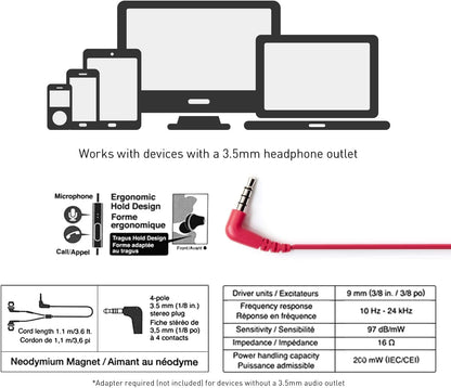 Panasonic ErgoFit Wired Earbuds with Microphone, 3.5mm Jack Headphones with Mic and Call Controller, Ergonomic Custom-Fit Earpieces (S/M/L), for Phones and Laptops - RP-TCM125-KB (Matte Black/Red)