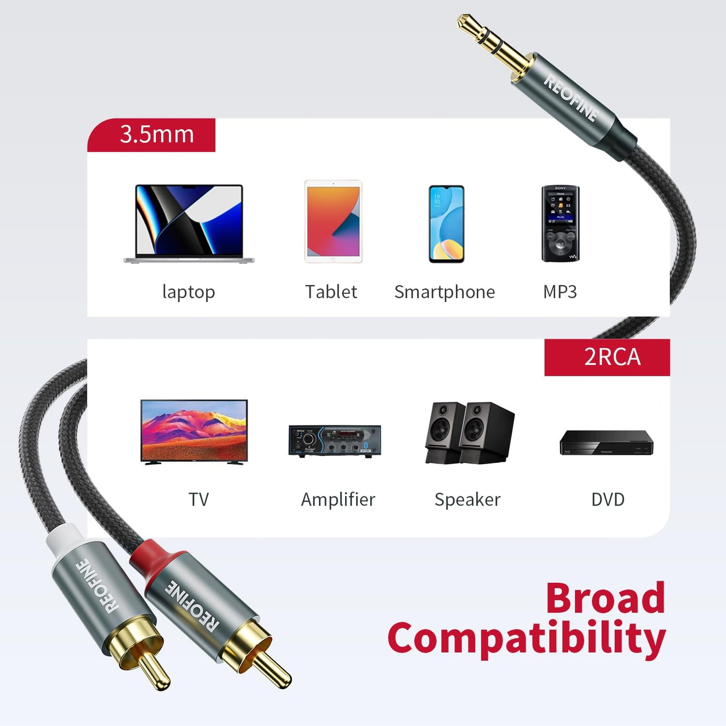 REOFINE 3.5mm to RCA Cable (3Feet/1M),3.5 mm 1/8 to RCA 2-Male Headphone Jack Adapter HiFi Sound Splitter Auxiliary Cord for Smartphone,MP3 Players,Laptops,Tablet,Speaker