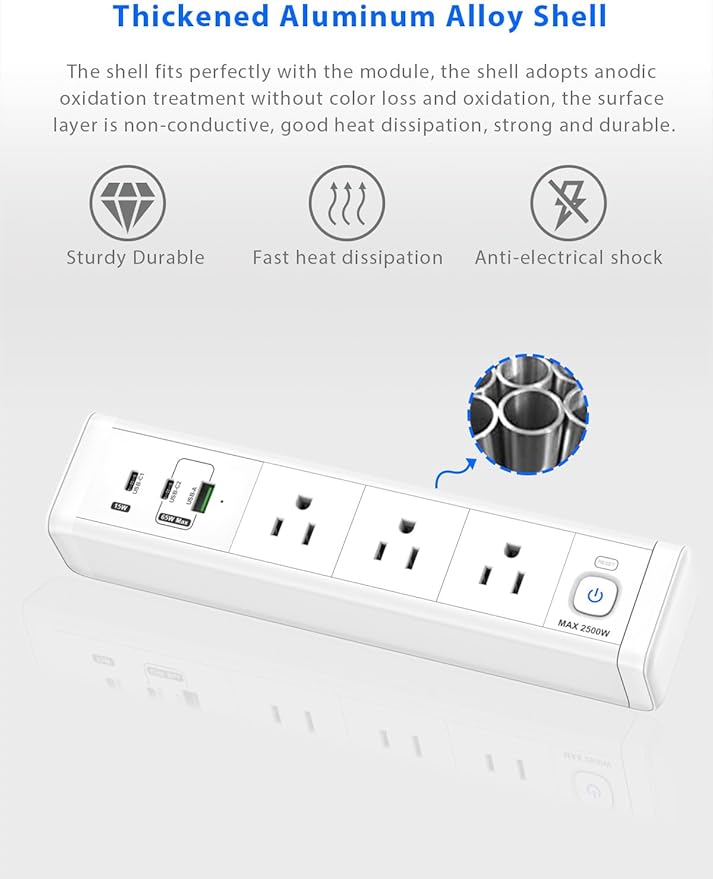 Desk Clamp Power Strip with 65W USB-C&USB A Ports 3 AC Outlet, Nightstand Edge Mount Charging Station Power Strip with USB-C Ports Tabletop Surge Protector for Home Office, Dorm Room(White)
