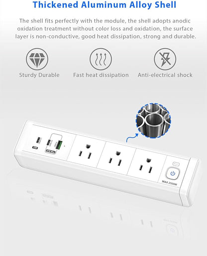 Desk Clamp Power Strip with 65W USB-C&USB A Ports 3 AC Outlet, Nightstand Edge Mount Charging Station Power Strip with USB-C Ports Tabletop Surge Protector for Home Office, Dorm Room(White)