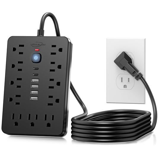 JouleLoom 10 FT Flat Plug Power Strip,11 Multiple AC Outlets with 6 USB Ports (2 USB C), 6 Feet Extension Cord, 1250W/10A, One Touch Switch Button, White