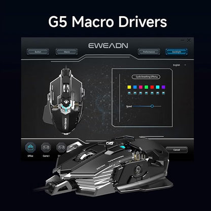 EWEADN G5 Wired Gaming Mouse, Ergonomic RGB Computer Mouse, 12800 Adjustable DPI, 9 Programmable Macro Buttons with Rapid Fire Key Compatible for PC/Laptop/Windows-Black&White