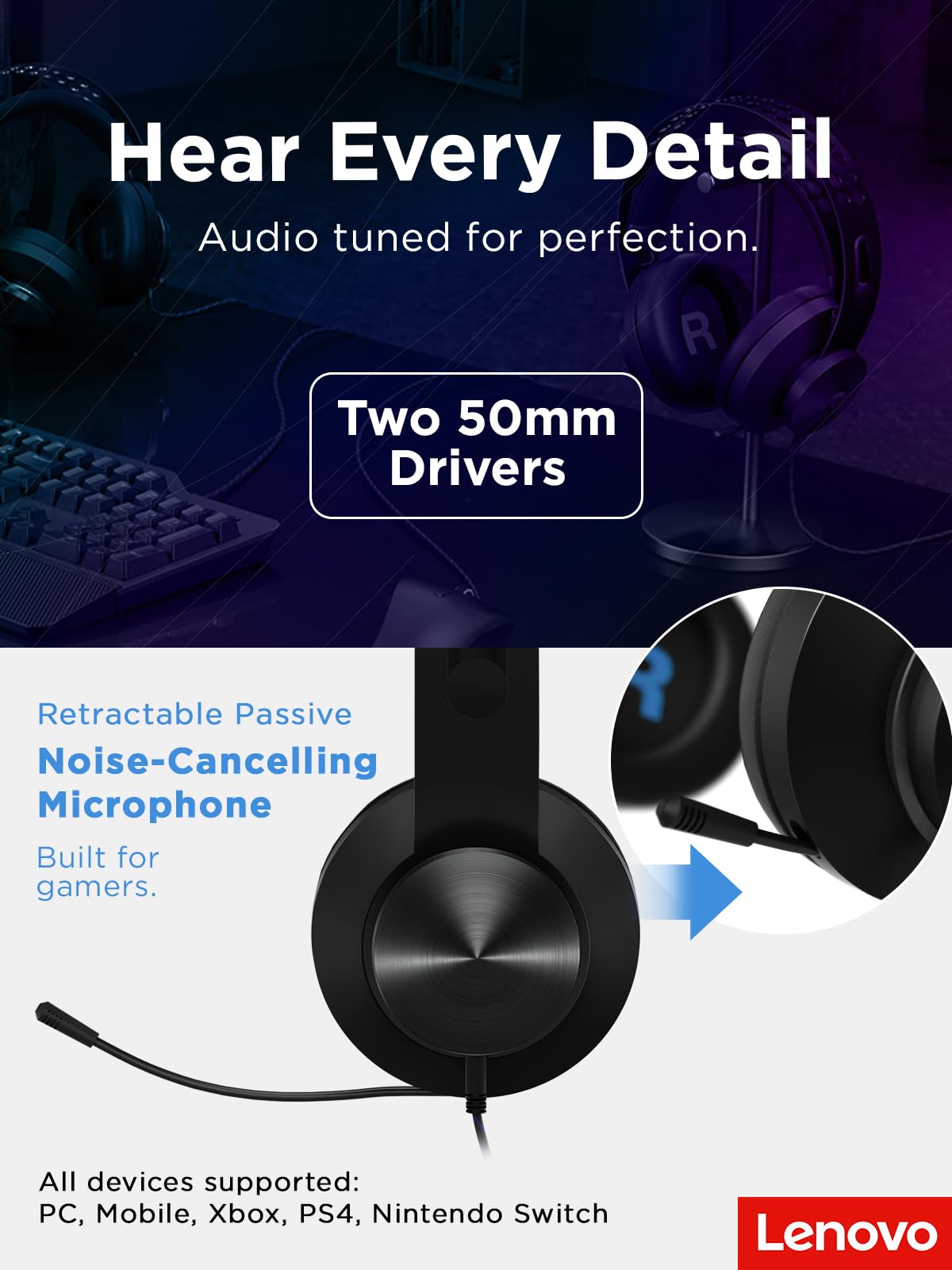 Lenovo Legion H300 Stereo Gaming Headset, Noise-Cancelling Mic, Memory Foam & PU Leather Earcups, Stainless Steel Headband, PC, PS4, Xbox One, Nintendo Switch, Mac, GXD0T69863, Black