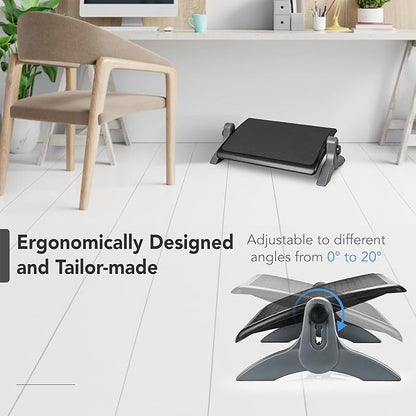 EHO Ottoman, Ergonomic Foot Rest for Under Desk, Adjustable Height and Angle, Rubber Platform, Anti-Slip, Ankle Support, Detachable Washable Cushion, Back and Leg Pain Relief, 21.6"L x 11.4"W, Black