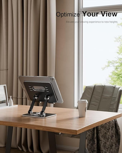 Tablet Stand Holder with Thickened 360°Rotating Base Dual Rod Adjustable Aluminum Stand for All 5.8-12.9” iPad Samsung Phone Tablet Kindle E-Reader and More, Black