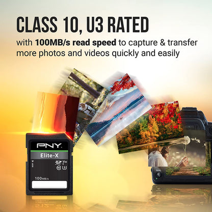PNY 512GB Elite-X Class 10 U3 V30 SDXC Flash Memory Card - 100MB/s, Class 10, U3, V30, 4K UHD, Full HD, UHS-I, Full Size SD (Pack of 1)