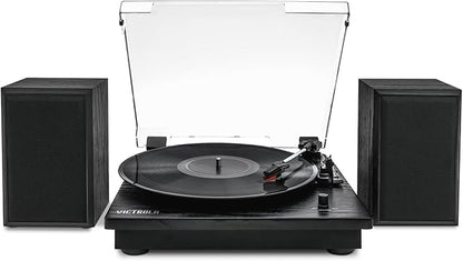 Victrola Montauk Vinyl Record Player, 3-Speed Belt Driven Turntable with Stereo Bluetooth Speaker Pair, RCA Output & 3.5mm Headphone Jack, Removable Dust Cover, Black Wood Finish