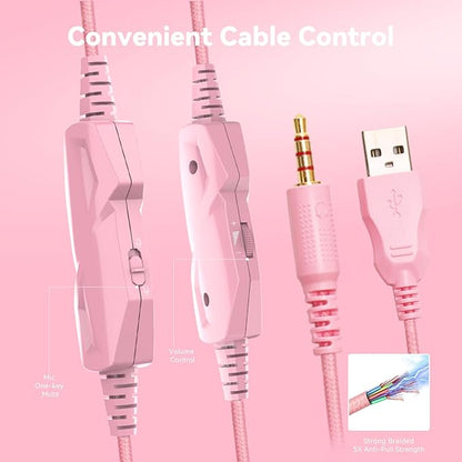 Gaming Headset with Microphone for Pc, Xbox One Series X/s, Ps4, Ps5, Switch, Stereo Wired Noise Cancelling Over-Ear Headphones with Mic, RGB, for Computer, Laptop, Mac, Nintendo, Gamer (Pink)