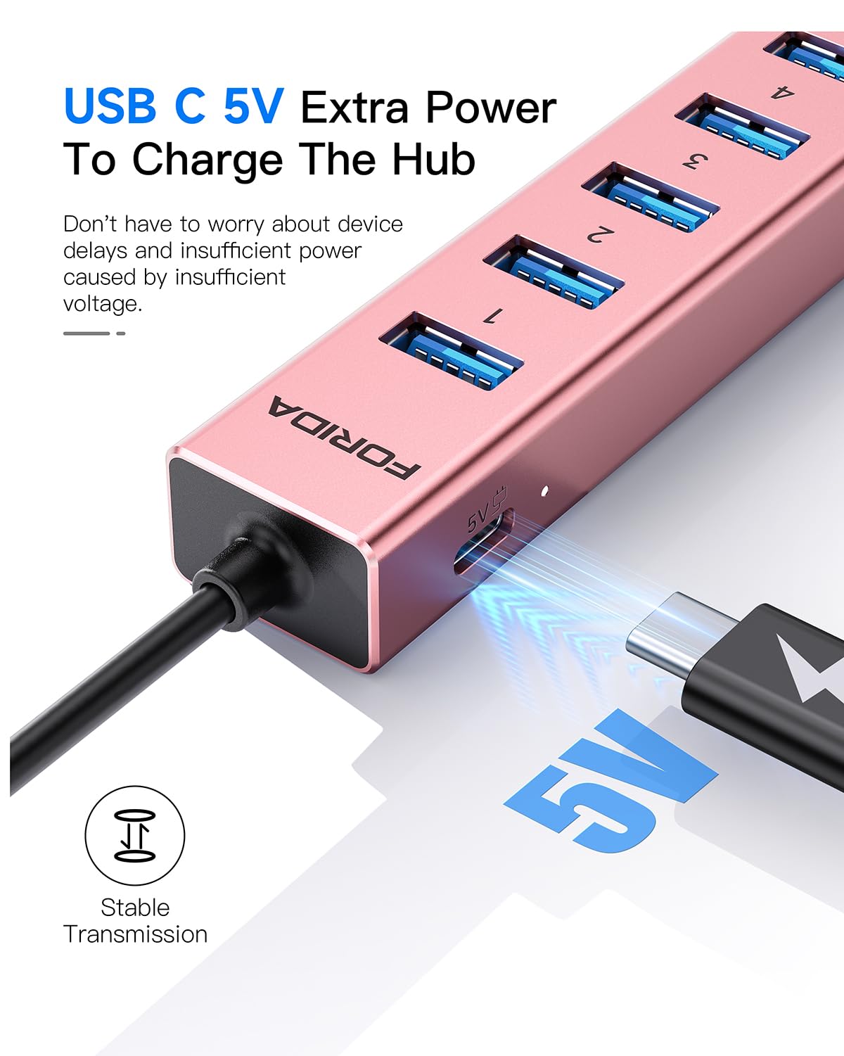 Aluminum USB 3.0 Adapter USB to Ethernet HUB with 120CM Long Cable for Laptop USB Extender with Gigabit Ethernet Port and 5V/3A Power Port 7 Ports USB Hub for iMac PC Flash Drives (Rose Gold)