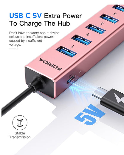 Aluminum USB 3.0 Adapter USB to Ethernet HUB with 120CM Long Cable for Laptop USB Extender with Gigabit Ethernet Port and 5V/3A Power Port 7 Ports USB Hub for iMac PC Flash Drives (Rose Gold)
