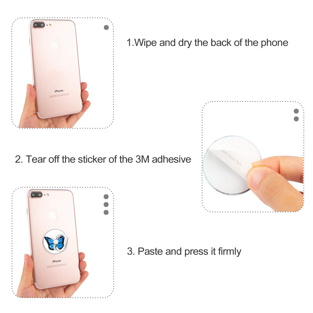 Bonoma Finger Ring Stand, 3 Pack Butterfly 360 Degree Rotation Phone Ring Stand Grip Holder Compatible with Smartphones and Tablets