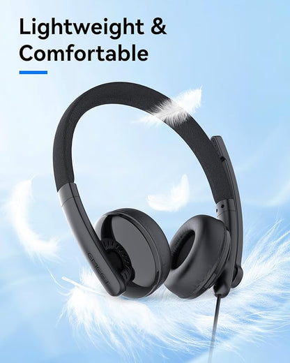 EMEET HS50 Wired Headset with Mic, On-Ear Computer Headphones with Noise Cancelling Microphone, USB-A/USB-C, Adjustable Design, in-line Control for Home Office Online Class Teams Zoom, All Day Comfort