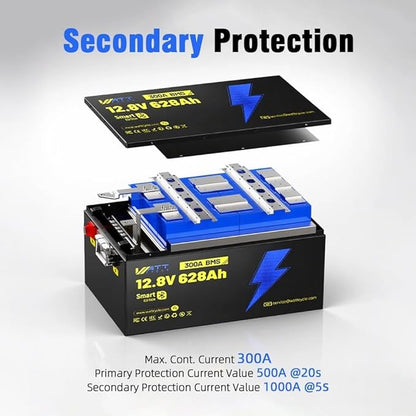 12V 628Ah LiFePO4 Lithium Battery, Built-in Bluetooth 5.0 & 300A BMS, Full Metal 8038Wh Energy, 15000+ Deep Cycles Batterys, Perfect for Home Energy, RV, Marine, Solar, Trolling Motor