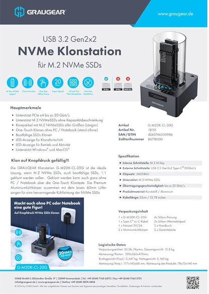 GRAUGEAR NVMe M.2 SSD Duplicator Dual-Bay Offline Clone Tool-Free, 20Gbps USB C to M.2 SSD Drive Cloner Docking Station Adapter Enclosure for M2 SSD Hard Drives M-Key