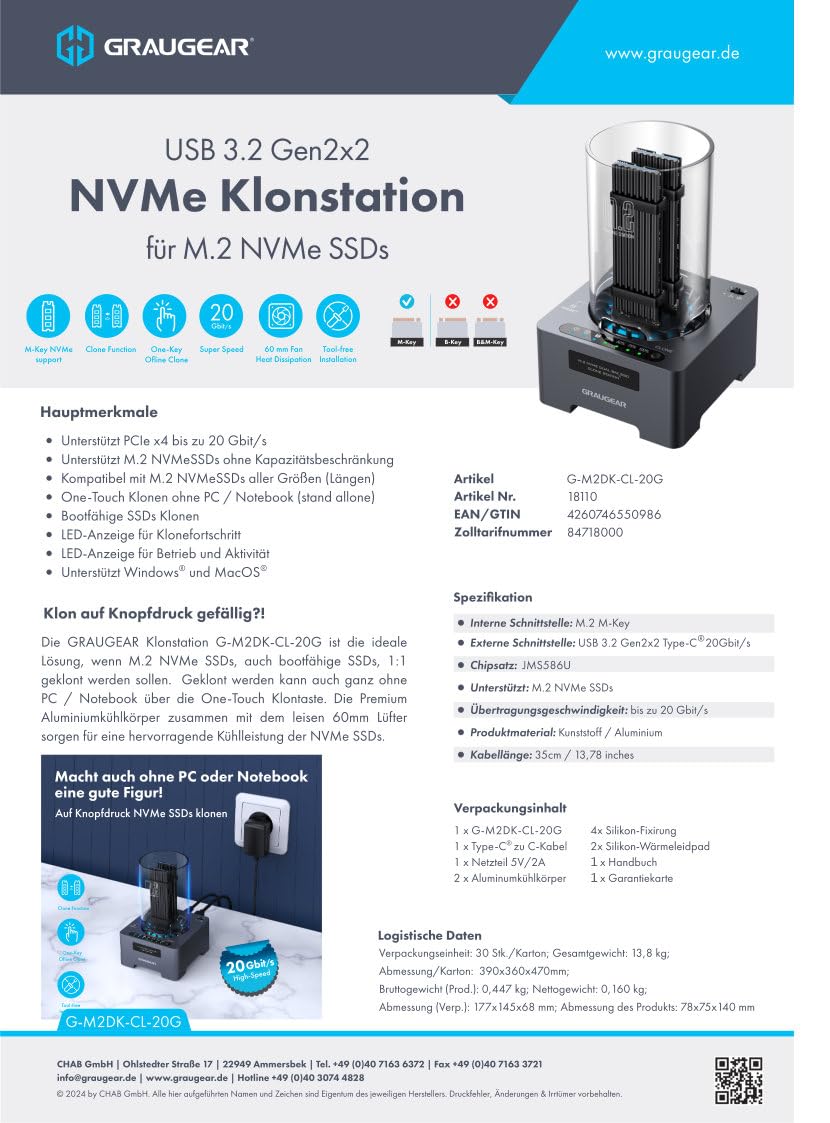 GRAUGEAR NVMe M.2 SSD Duplicator Dual-Bay Offline Clone Tool-Free, 20Gbps USB C to M.2 SSD Drive Cloner Docking Station Adapter Enclosure for M2 SSD Hard Drives M-Key