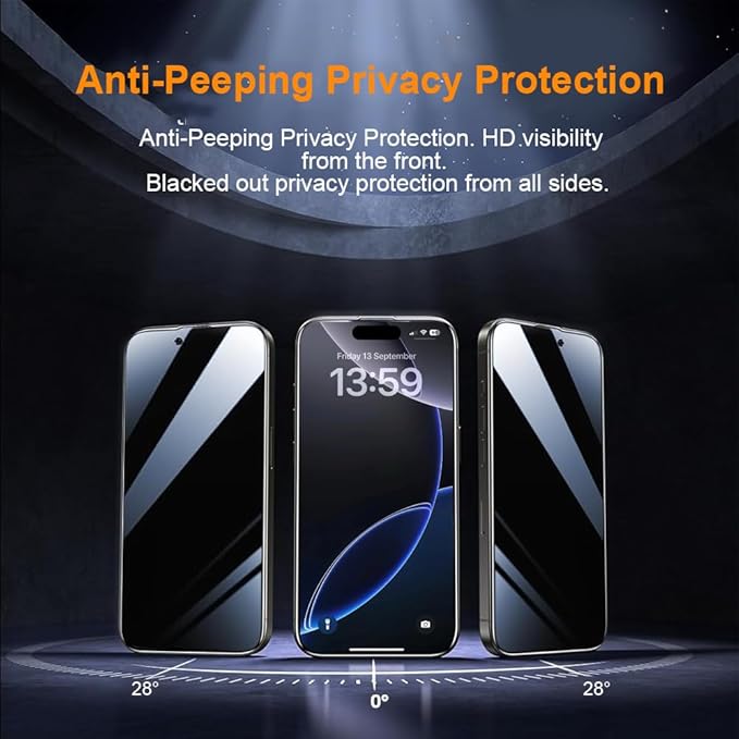 OneFish Privacy Screen Protector for IPhone 15 Anti-Spy Tempered Glass Dust-Free Bubble-Free Anti-Fingerprint 9H Scratch Protection & Hassle-Free Installation Frame [2-Pack]