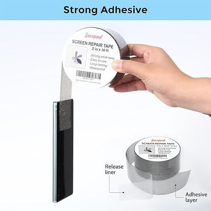 Grey Window Screen Repair Tape, 2IN X 30FT (360IN) Screen Repair Kit for Windows or Doors, Strong Adhesive Patch Kit Fiberglass Mesh Tape