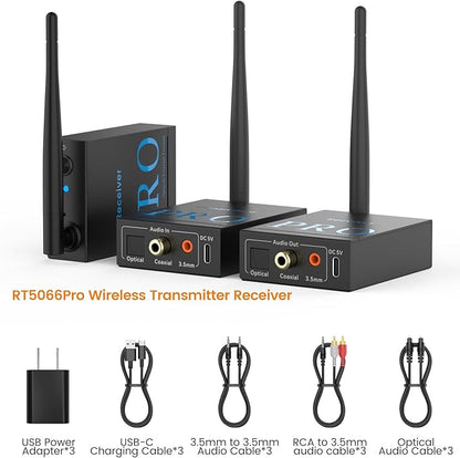 1Mii 3-in-1 2.4Ghz Wireless Audio Transmitter Receiver for 2 Subwoofer/Active Speaker/Power Amplifier, 20ms Low Latency, 320ft Range, Optical/Coaxial/3.5mm(RCA) Audio Input/Output