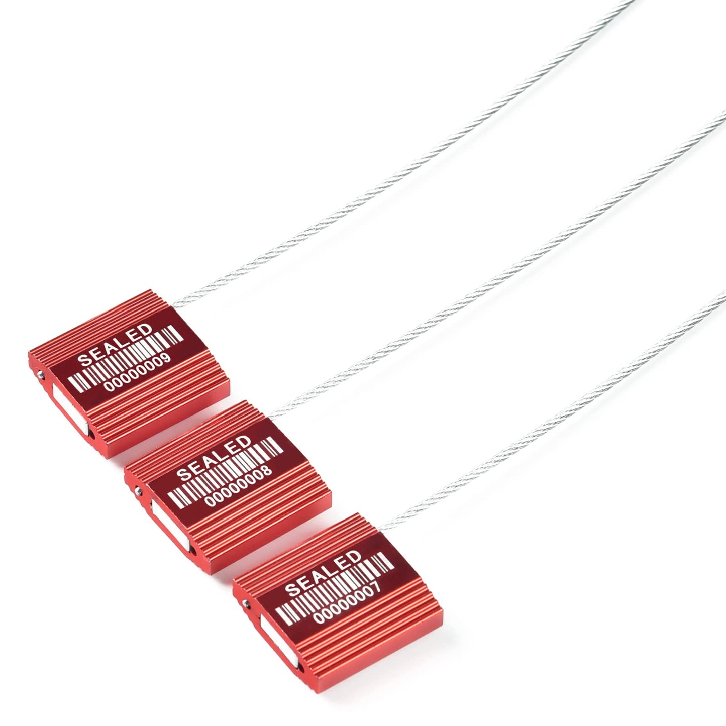LeadSeals 100 Red Steel Cable Seals With Barcode - High Security Numbered Truck Anti-Tamper Pull Tite Tags - Metal Container Shipping Self-Locking Safety Ties ISO 17712