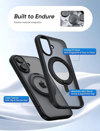 MAGIC JOHN 360° Rotatable Magnetic Invisible Stand for iPhone 16 Case [Camera Control Button] [Compatible with MagSafe] 16FT Shockof for iPhone 16 Case with Kickstand, Black