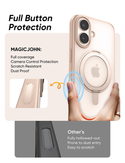 MAGIC JOHN 360° Rotatable Magnetic Invisible Stand for iPhone 16 Case [Camera Control Button] [Compatible with MagSafe] 16FT Shockof for iPhone 16 Case with Kickstand, Rose Gold