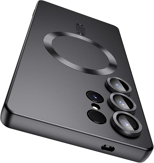Magnetic for Samsung Galaxy S25 Ultra Case [Compatible with MagSafe][Built-in Camera Lens Protector] Slim Soft Silicone Bumper Shockproof Metallic Luster Phone Shell (Black)