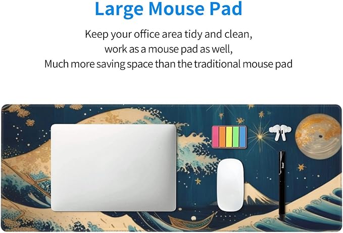 Gaming Mouse Pad, Large Non-Slip Rubber Base Mousepad, Keyboard Mouse Mat, Desk Pad with Stitched Edges, 31.5x11.8inch, Wave Moon