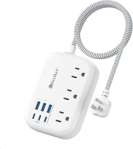 Beeiker Short Extension Cord 2 Foot Travel Power Strip 6 USB 3 Outlets