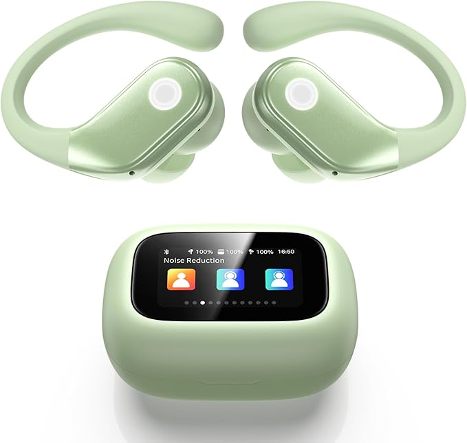 Wireless Earbuds, ANC Noise Cancelling Sport Ear Buds with Multifunctional Touch Screen, Bluetooth 5.4 Headphones, Bass Stereo Sound, 5 EQ Over The Ear Earbuds for Sports/Workout/Gym-Green