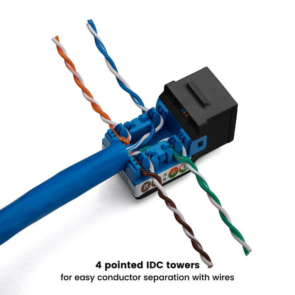 TRUE CABLE Cat6A Unshielded (UTP) Keystone Jack, 90-Degree Punch-Down RJ45 Female Module, PoE++ 4PPoE, UL Listed & TIA Certified, Black, 12 Pack