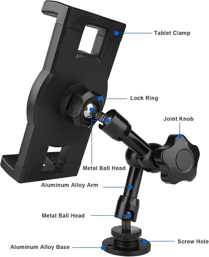 Heavy Duty Drill Base iPad Mount, Tablet Holder for Truck/Car/Boat/Wall/Desk/Vehicle Dashboard,360° Adjustable Aluminum Alloy Arm Mount Compatible with 7~12.9" iPad/Nexus/Fire HD/e-Book/Switch