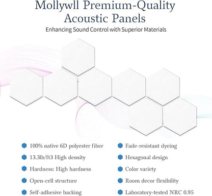 Mollywell Hexagon Acoustic Panels, High Density, Soundproofing, Decorative Noise Reduction Felt Wall Tiles for Ceilings, Home Office & Gaming Room (White), 12x10x0.4 Inch