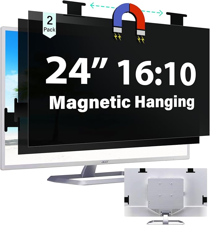 [2 Pack] Magnetic 24 Inch Computer Privacy Screen for 16:10 Aspect Ratio Widescreen Monitor, Hanging Eye Protection Anti Glare Blue Light Computer Monitor Privacy Filter, Removable 24in Protector Film
