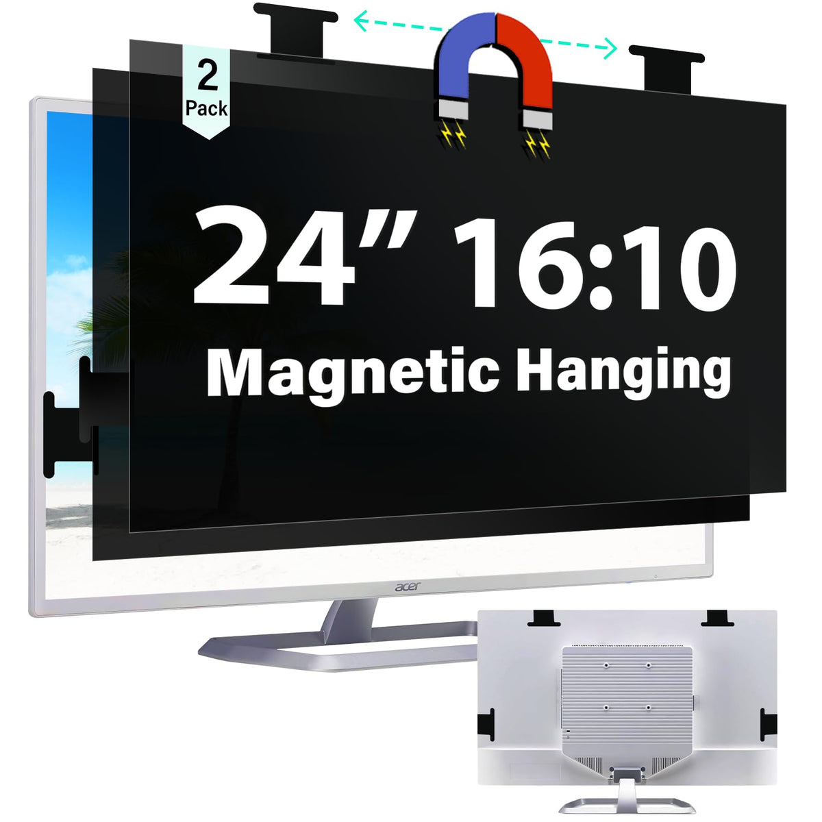 [2 Pack] Magnetic Hanging 27 Inch Computer Privacy Screen for 16:10 Aspect Ratio Widescreen Monitor, Eye Protection Anti Glare Blue Light Computer Monitor Privacy Filter, Removable 27in Protector Film