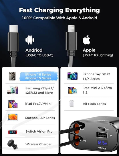 【Upgraded】 SUPERONE Retractable Car Charger 4 in 1, Fast Car Phone Charger with Cord 2.6ft, USB C and Apple Car Adapter, Compatible with iPhone 16 15/15 Pro Max/14/13/12/11, Galaxy, Pixel
