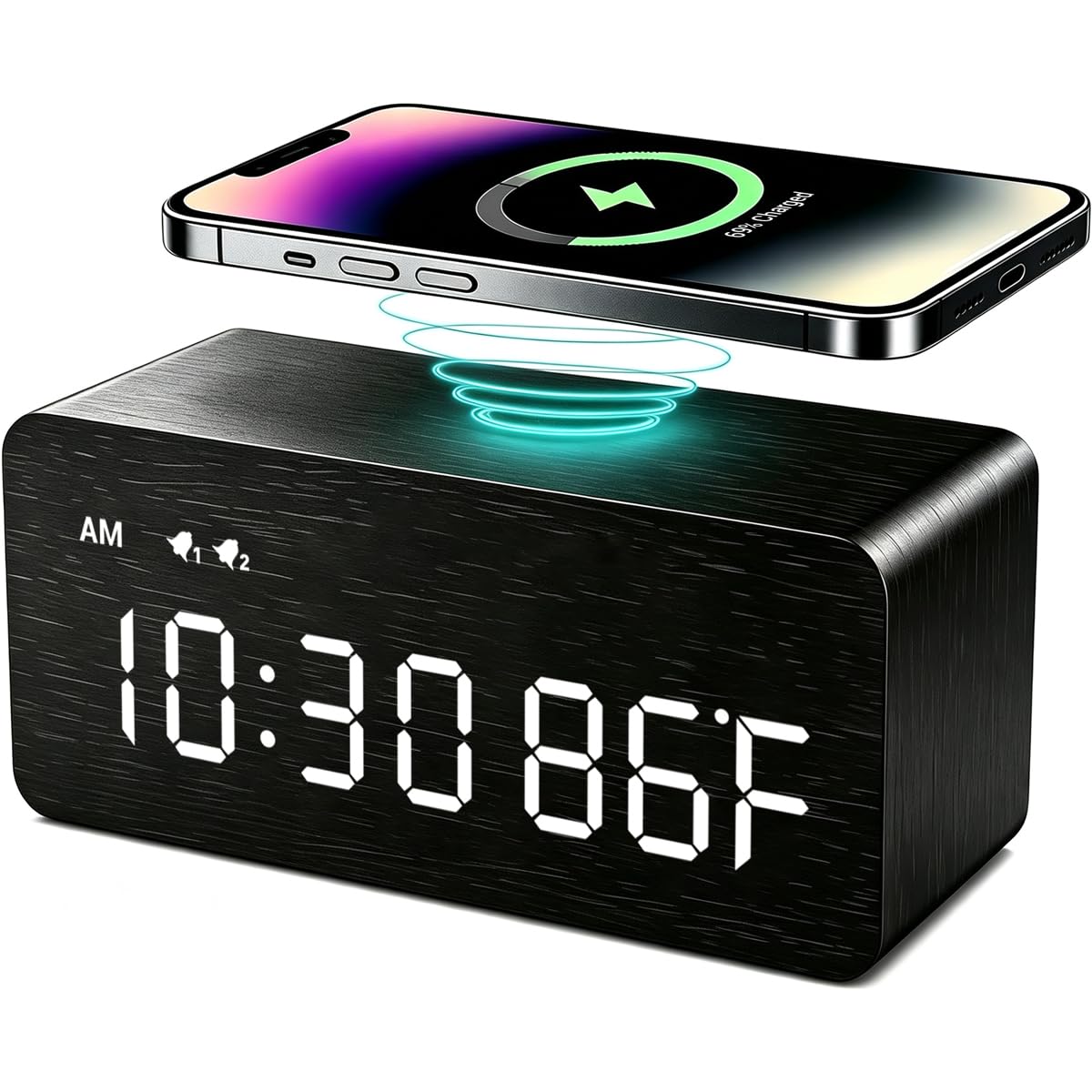 Premium White Wooden Digital Alarm Clock with Wireless Charging Pad, Time & Temperature Display, Dual Alarms & Snooze, Dimmable, Small LED Desk Clock for Bedroom Nightstand Bedside Living Room Table