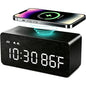 Premium White Wooden Digital Alarm Clock with Wireless Charging Pad, Time & Temperature Display, Dual Alarms & Snooze, Dimmable, Small LED Desk Clock for Bedroom Nightstand Bedside Living Room Table