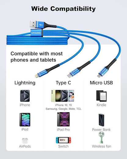 Multi Charging Cable 2Pack 6FT, 3 in 1 Charger Cable Braided Universal Phone Charging Cord with Lightning/Type C/Micro USB Ends, Multiple USB Cable for iPhone/Samsung/Google Cell Phones and More