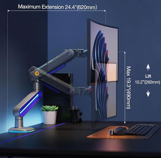 RGB Gaming Monitor-arm for Flat/Ultrawide/Curved Monitors 32 to 60 inch, Heavy Duty Stand Load up to 20 kg, VESA 75/100 mm Monitor-Mount G70-New