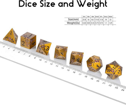 DNDND Flower Metal DND Dice, 7 PCS Heavy Solid Metallic Dragon Dice Set with Gorgeous Gift Case for D&D Dungeons and Dragon Tabletop Game (Ancient Brass)