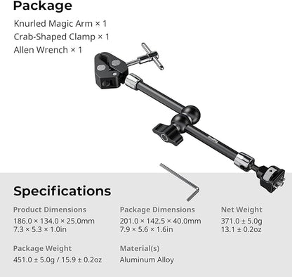 SMALLRIG 11 Inch Magic Arm with Crab-Shaped Clamp, Arm with 1/4"-20 Screw and Retractable Pins, for Action Cameras, Monitors, Video Lights, and Microphones - 5311