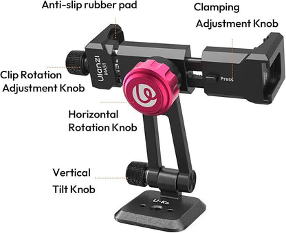 ULANZI MA51 Metal Phone Tripod Mount, Phone Clamp with Arca UKA Base, Cold Shoe, Arri Locating Holes, 360° Swivel 180° Tilt, Cell Phone Holder Compatible with iPhone 17 16 15 14 Samsung Cell Phone
