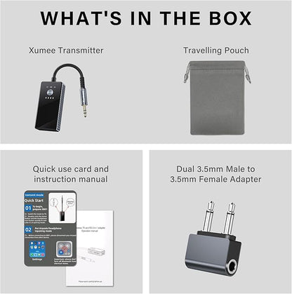 Xumee Airplane Bluetooth 5.2 Transmitter for 2 AirPods or Headphones, aptX Low Latency, 3.5mm AUX Jack & Bluetooth Receiver – Wireless Audio Adapter for Plane Travel, TV, Gym,Car,Speakers (Grey)