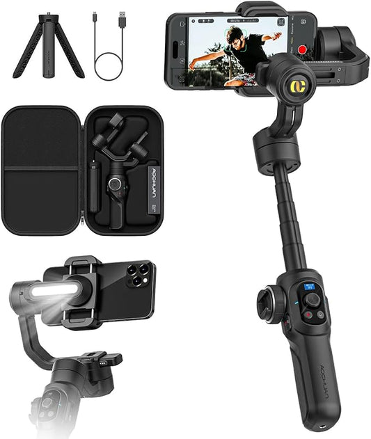 Professional Gimbal Stabilizer for Smartphone,Built-in 18CM Extension Rod and Powerful Fill Light,360°Inception,Face&Object Tracking Stabilizer,3-Axis Gimbal for iPhone& Android-Smart S2