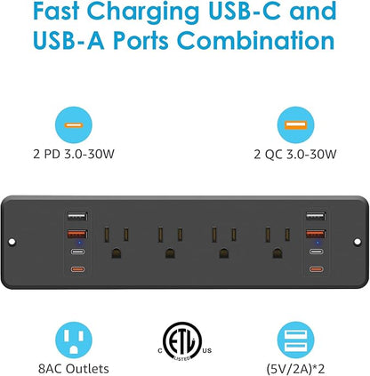 HHSOET 8 Outlet Recessed Power Strip, 30W Fast Charging Furniture Power Outlet USB C, Flush Mount Surge Protection Socket with 4 USB-A and 4 USB-C, 10ft Power Cord. (Black)