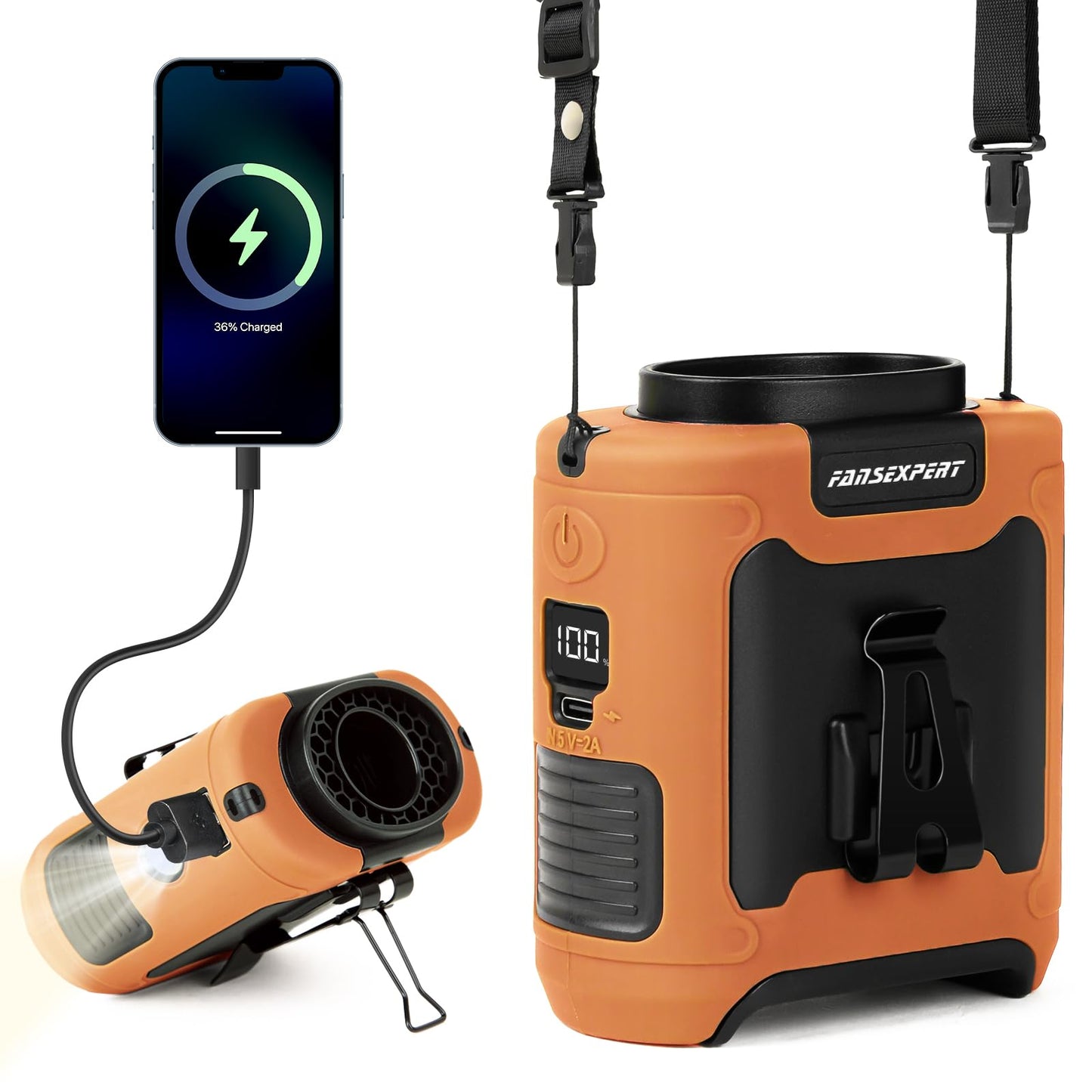FANSEXPERT Portable Waist Fan Clip on, Personal Wearable Belt Fan 10000mAh Rechargeable Battery Under Shirt,5 Speeds with light, Neck Fan Hands-Free Cooling For Outdoor Camping Travel (Orange)