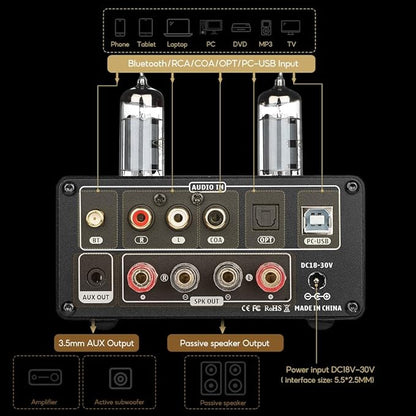 AIYIMA T9 100W*2 Bluetooth Stereo Amplifier Class D Amp 2.0/2.1 Channel Tube Power Amp with PC-USB DAC Coaxial Optical inputs &VU Meter & Bass Treble Tone Control for Home Stereo Speakers